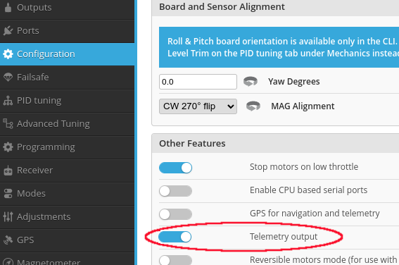 enabling telemetry in the configuration tab